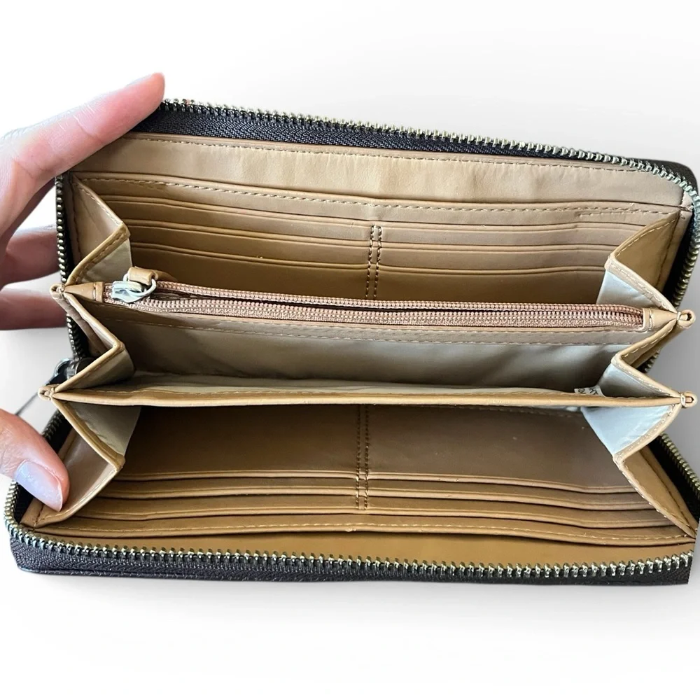 Coach Signature Canvas Zip Around Wallet Brown Tan Leather